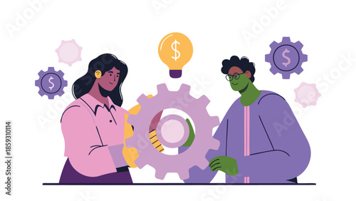 Woman turning giant gear made of coins with man, lightbulb, and gears around them, teamwork and finance concept