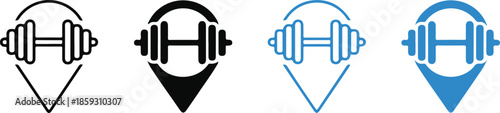 Location pin icon with barbell inside representing fitness gym or sport