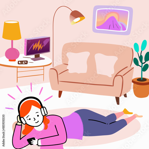 Teen girl lying on floor, relaxed, listening to music, cozy living room, colorful style