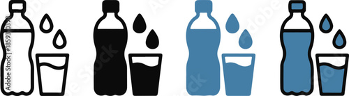 Water bottle and glass with drop icon, water bottle with glass symbol