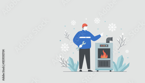 Professional heating technician servicing a furnace in cold snowy weather