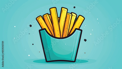 Cartoon French Fries in a Blue Container on Blue Background.