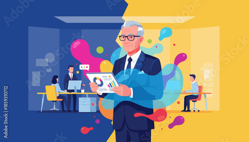 Senior leader reviewing business data on a tablet in a vibrant modern office environment