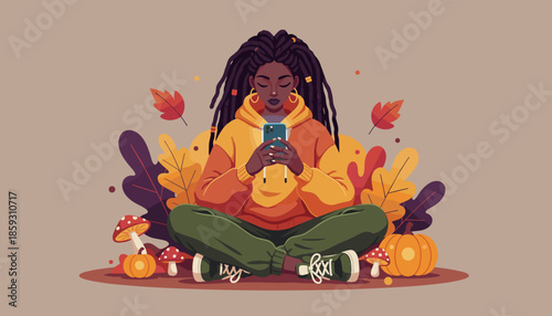 Black woman using phone in autumn leaves setting Social media connectivity and fall vibes