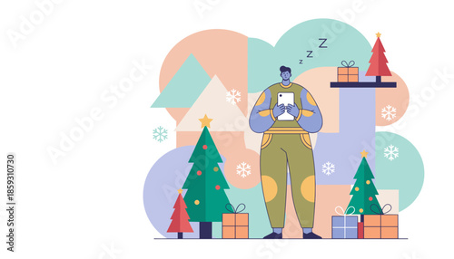 Bored man using tablet during holiday season surrounded by Christmas trees and gifts