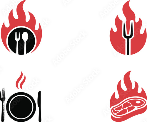 Barbecue and grill themed icons with flames for food preparation