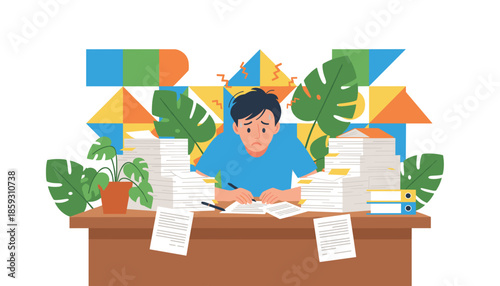 Overwhelmed man sweating under immense paperwork symbolizing work stress and burnout