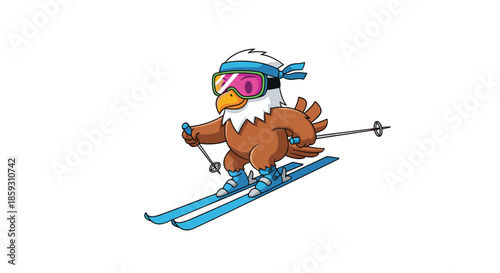 Bald eagle mascot wearing goggles and a headband while skiing down a snowy slope, representing speed and winter sports excellence.
