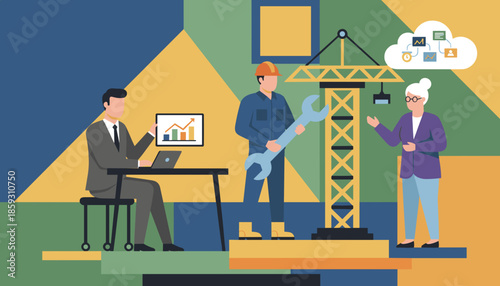 Team collaboration on industrial projects integrating engineering business analytics and cloud technology