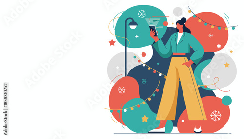 Stylish woman uses phone near lamppost in a festive winter scene illustration
