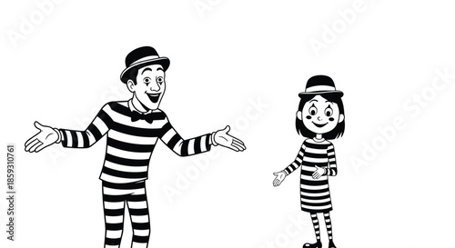 Male and female mime artists wearing traditional black and white striped outfits and hats, performing expressive gestures on white background.