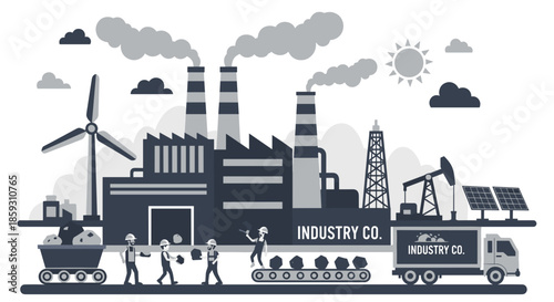Monochrome industrial complex illustration with factory workers fossil fuels and renewable energy