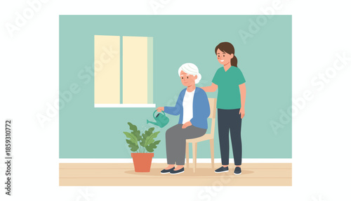 Professional caregiver helps senior woman with indoor hobby illustrating elderly assistance