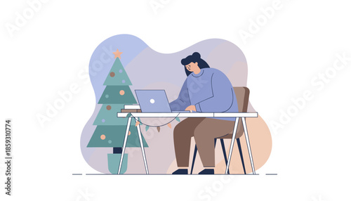 Remote work during holidays Woman uses laptop next to a festive Christmas tree