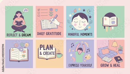 Set of 8 selfcare illustrations reflection gratitude mindfulness planning healing and personal growth habits