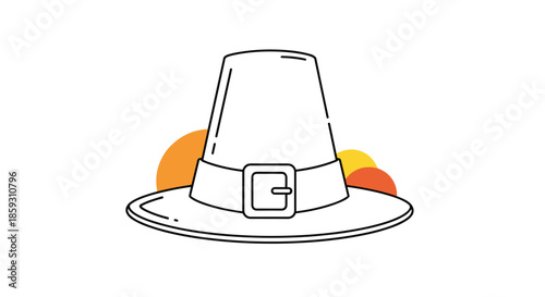 Simple line art illustration of a traditional pilgrim hat with a large buckle, representing Thanksgiving and historical American heritage.