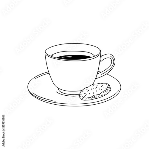 A drawing of a cup of coffee with a cookie on a saucer in black and white line art illustration style