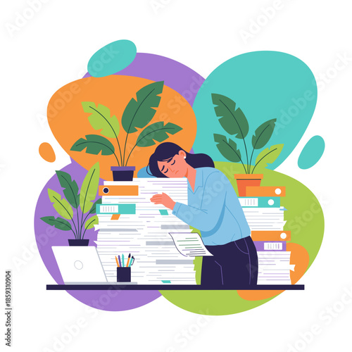Tired businesswoman sleeping on a large stack of documents symbolizing office burnout and overwork stress