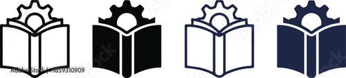 Open book with gear icon representing education knowledge and technical learning