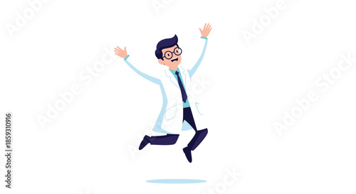 Enthusiastic young male scientist or doctor wearing a lab coat and glasses, jumping for joy to celebrate a breakthrough.