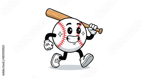 Energetic baseball ball mascot character with arms and legs, running while carrying a wooden bat on its shoulder.