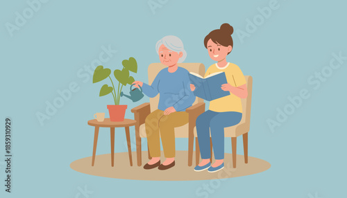 Caring young woman reads to senior while she waters a houseplant Assisted living and support