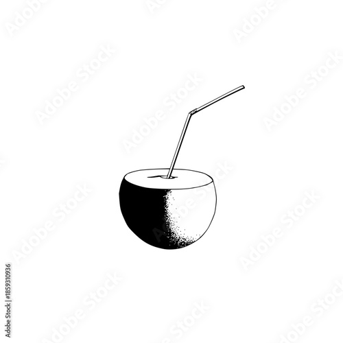 A halved coconut with a drinking straw inserted into it casting a shadow on the left side of the coconut