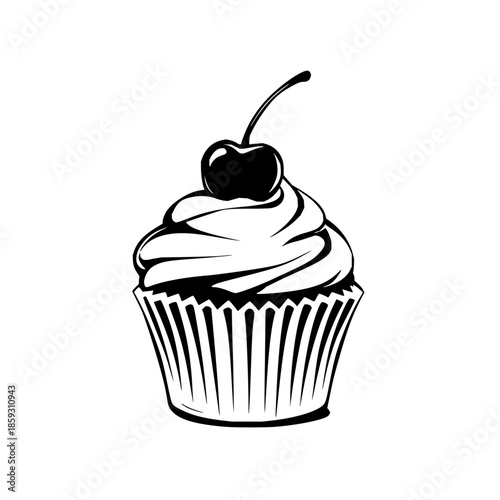 Illustration of a cupcake with frosting and a cherry on top in black and white style drawing design
