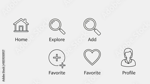 A minimalist user interface showing navigation icons for home explore add favorite and profile functions on mobile application screen