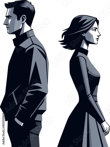 Create a realistic Man and woman standing opposite from each other and looking away watch vector art with white background