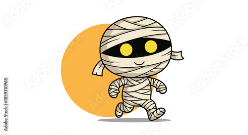 Cute little mummy character wrapped in bandages, running forward with a happy expression against an orange sun background.