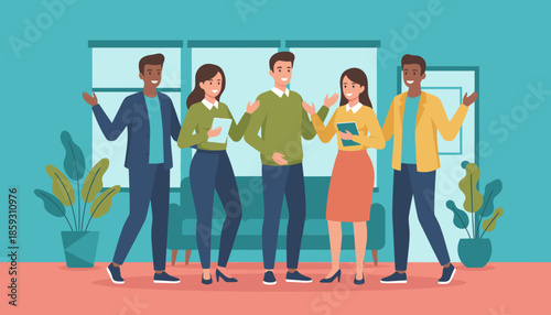 A diverse smiling business team standing together in a modern office symbolizing collaboration and success