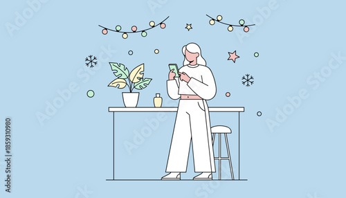 Woman texting on a smartphone at a modern counter with plants and winter holiday decorations