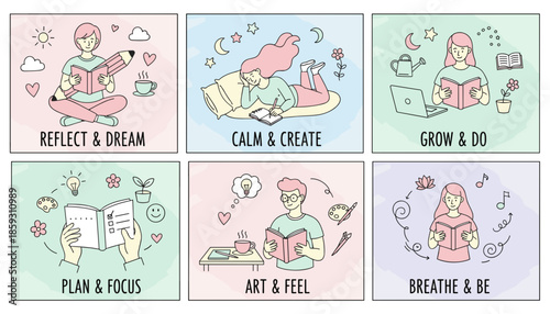Pastel cartoon set illustrating routines for selfcare creativity reading planning and personal growth