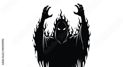 Menacing black silhouette of a hooded ghostly figure surrounded by tall rising flames, presented in stark black and white.