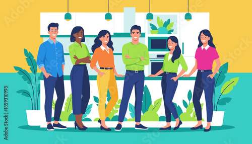 Confident diverse business team smiling in a modern office kitchen Teamwork and professional staff