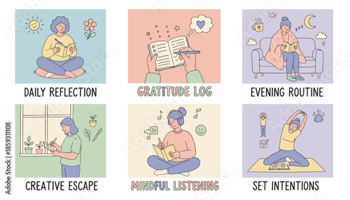 Six wellness and mindfulness routines daily reflection journaling exercise and evening relaxation