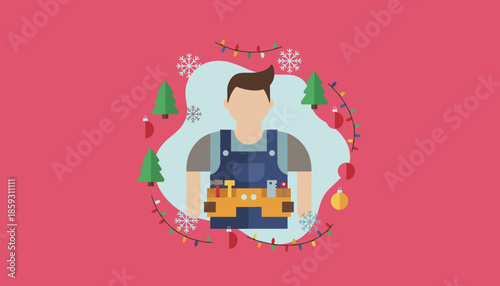 Festive handyman illustration with tool belt Christmas trees ornaments and snowflakes