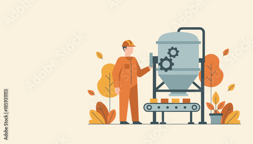 Engineer in hard hat operating machinery and conveyor belt production system