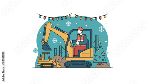 Excavator operator works under festive lights and snow Seasonal construction industry illustration
