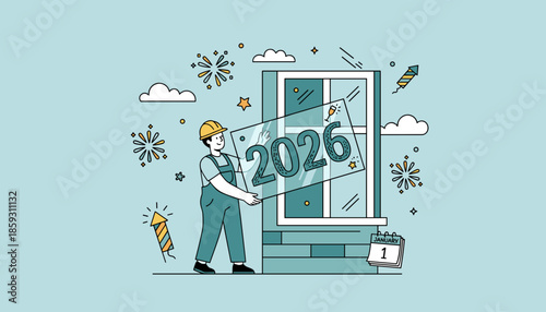 Construction worker installs glass pane with 2026 number symbolizing New Year and future growth
