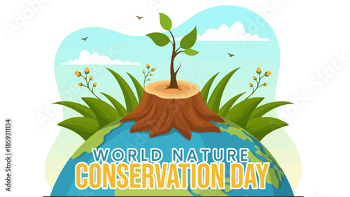 World Nature Conservation Day Illustration with a New Sprout Growing from a Tree Stump on Planet Earth for Environmental Protection