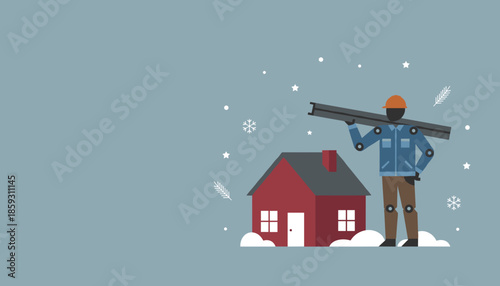 Illustration of a builder carrying materials next to a house in a snowy winter environment