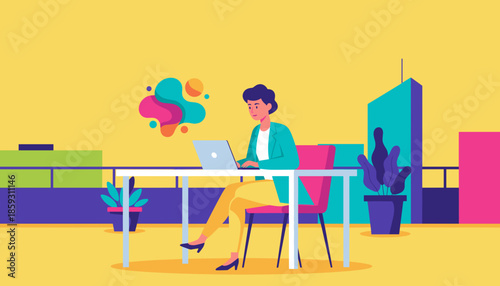 Businesswoman working on laptop on a vibrant urban rooftop symbolizing creativity and remote work