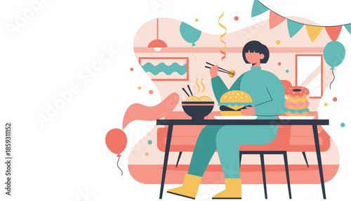 Woman enjoys a feast of noodles burger and donuts at a celebration Party food illustration