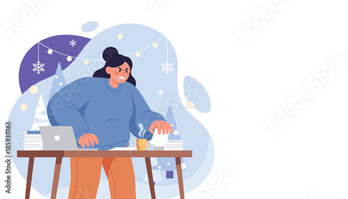 Angry worker dealing with holiday deadline stress and heavy workload in a winter setting
