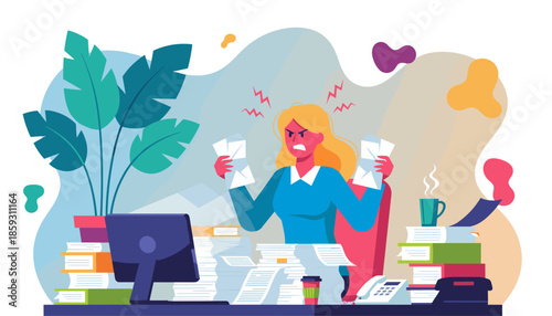 Stressed businesswoman overwhelmed by excessive workload and paperwork in the office