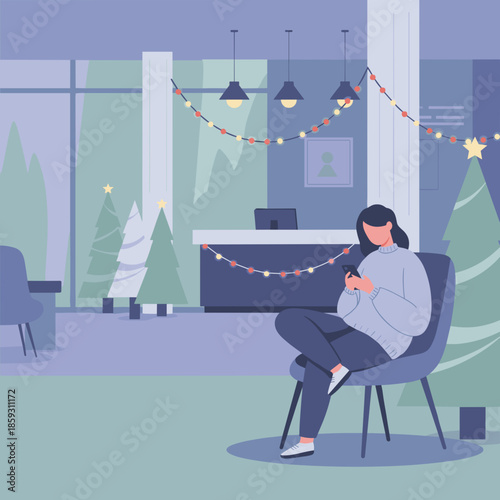 Waiting woman on phone in a modern office or hotel lobby decorated for the Christmas holiday