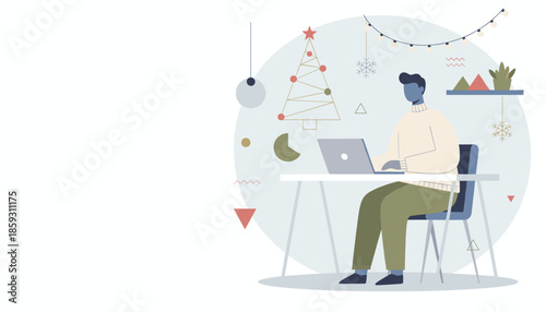 Man working remotely on a laptop in a cozy Christmasdecorated home office Holiday productivity concept