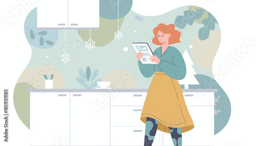 Concerned woman reads financial datacharts on a tablet in a modern home during winter holidays